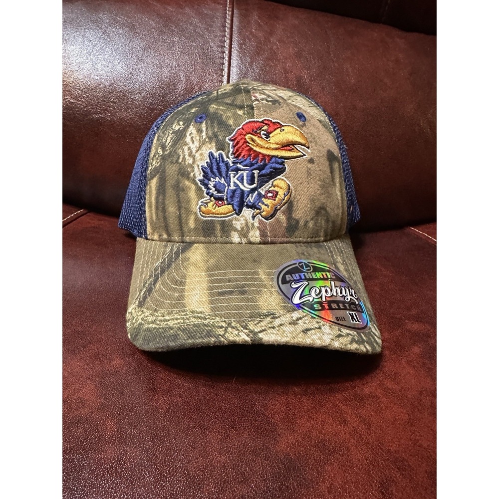 Rare NEW Kansas KU Jayhawks Zephyr Stretch Fit Camouflage Cap Hat Adult XL NCAA